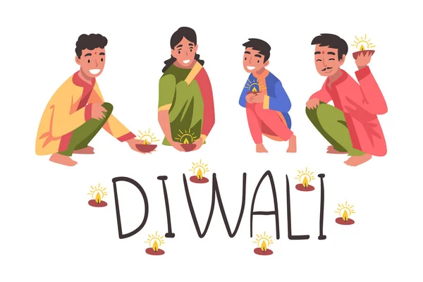 Diwali Hindu Holiday, gente india con ropa tradicional sentada con velas brillantes Dibujos animados Estilo Vector Ilustración — Archivo Imágenes Vectoriales