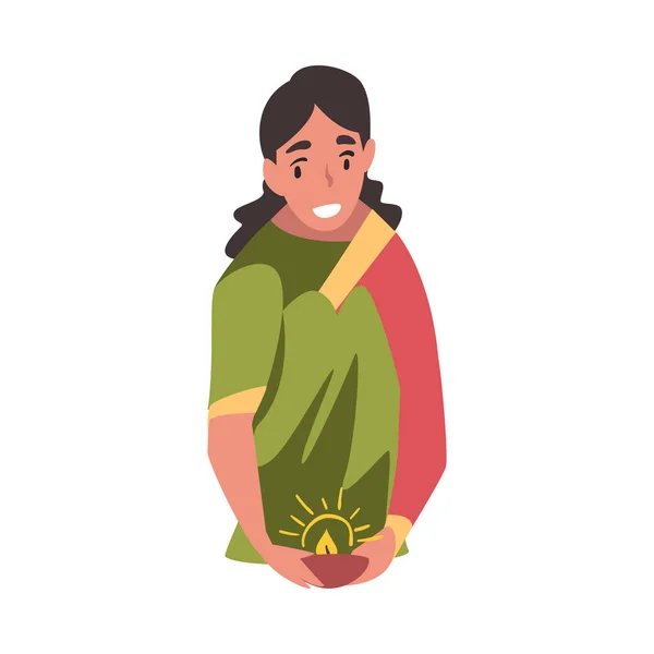 穿着传统服饰，头戴蜡烛的印度年轻女子，人们庆祝Diwali印度教节日漫画风格的病媒图解 — 图库矢量图片