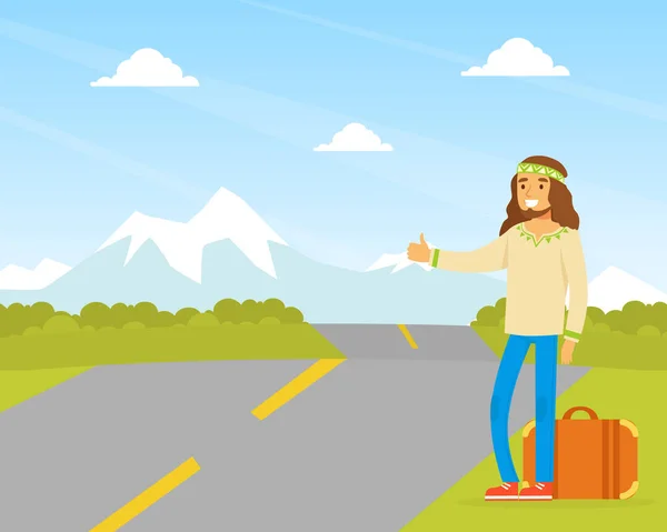Hippie Man Character Hitchhiking, Man Wearing Retro Clothes of the 60s and 70s Traveling by Autostop Vector Illustration — Vector de stock