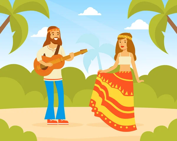 Personaggi hippie, Giovani e donne che suonano la chitarra e ballano sul paesaggio estivo, persone felici che indossano abiti retrò degli anni '60 e' 70 Illustrazione vettoriale — Vettoriale Stock
