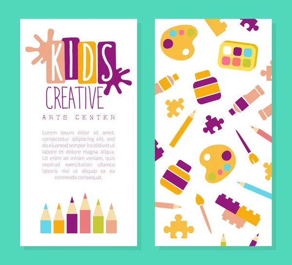 Plantilla de tarjeta de visita del Centro de Artes Creativas, Educación para niños, Arte, Oficios, Clase de creatividad, Ilustración de vectores de dibujos animados de diseño escolar — Vector de stock