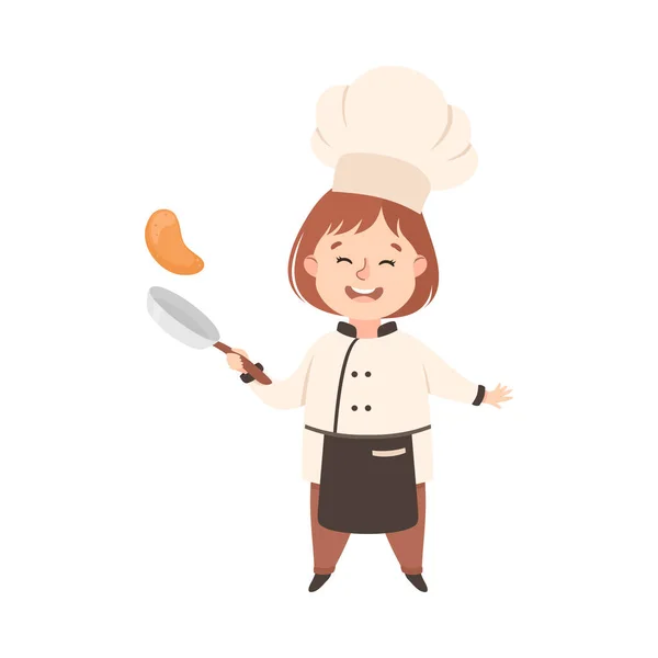 Linda chica chef cocinero lanzando panqueque en la sartén, niño en uniforme de chef cocina en la cocina estilo de dibujos animados Vector ilustración — Vector de stock