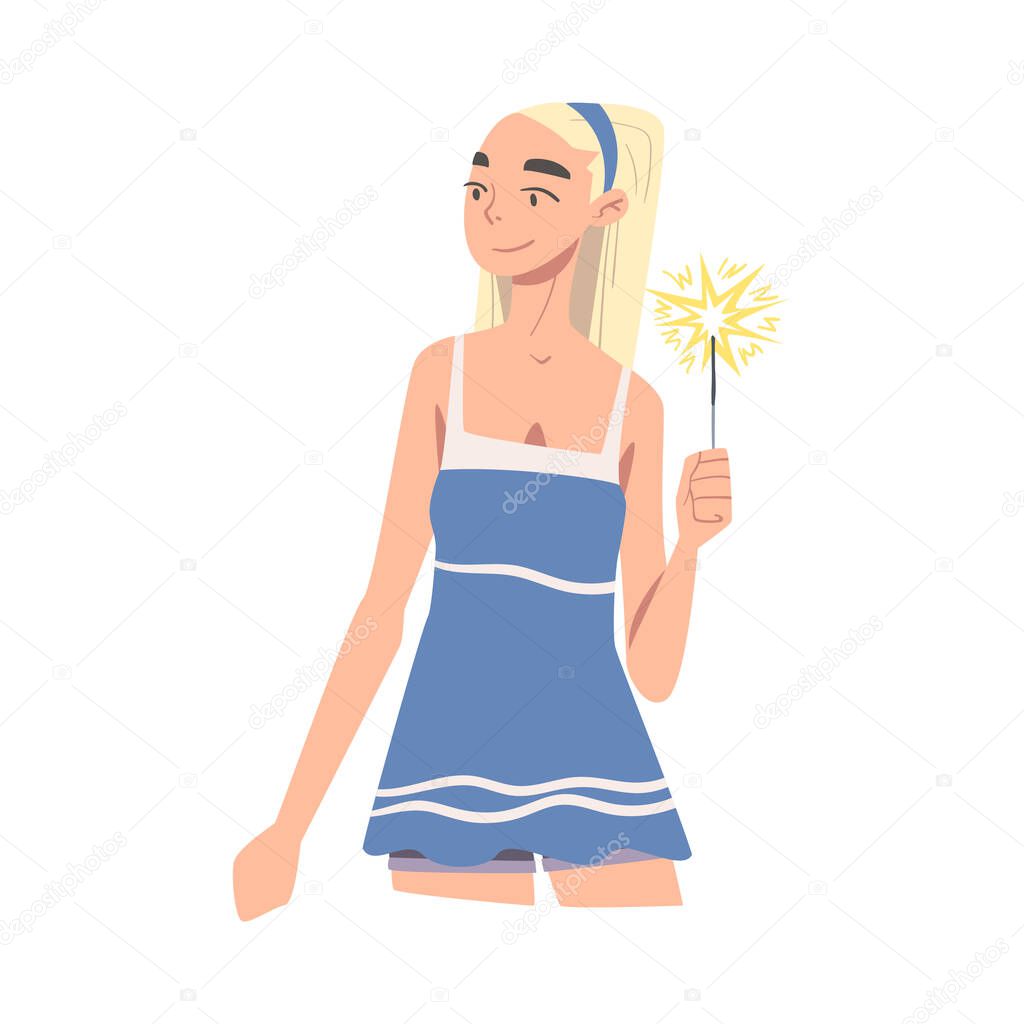 Blonde Young Woman Holding Burning Sparkler, Happy Girl Celebrating Christmas, New Year or Birthday Holiday Cartoon Style Vector Illustration