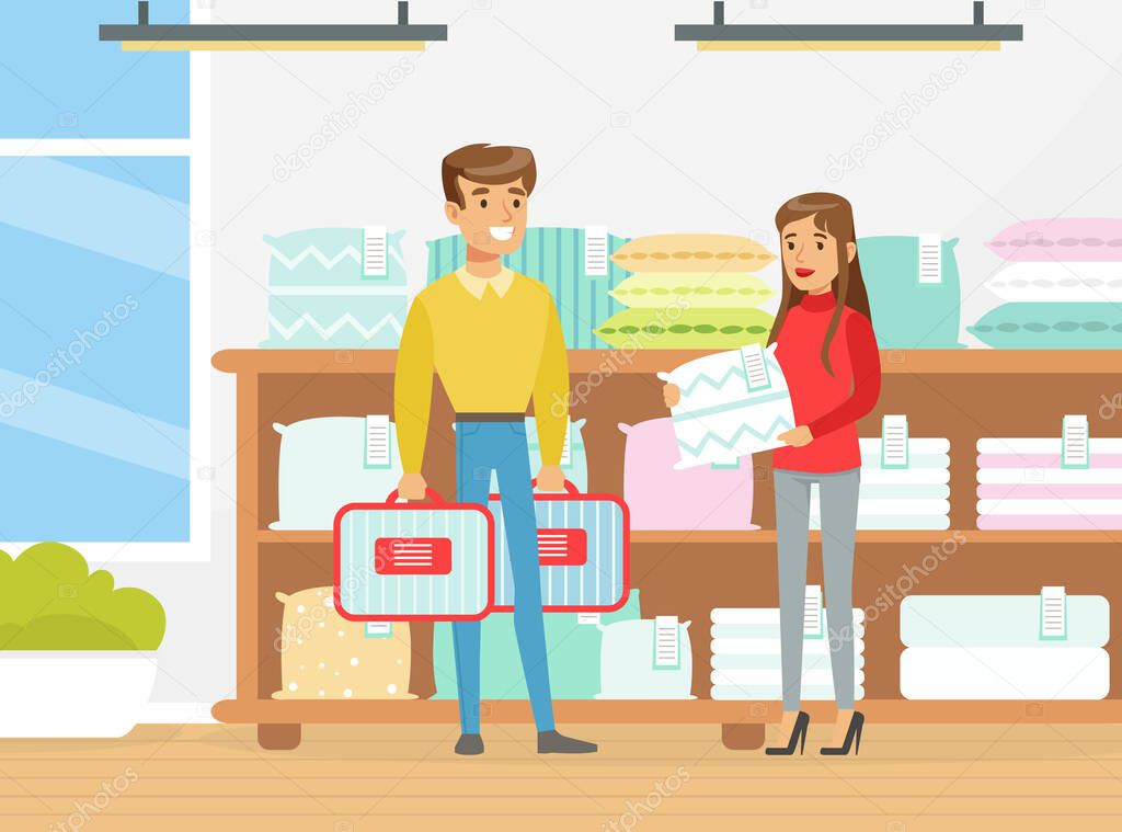 People Shopping for Textile for Bedroom, Couple Choosing and Buying Pillows and Linen Vector Illustration