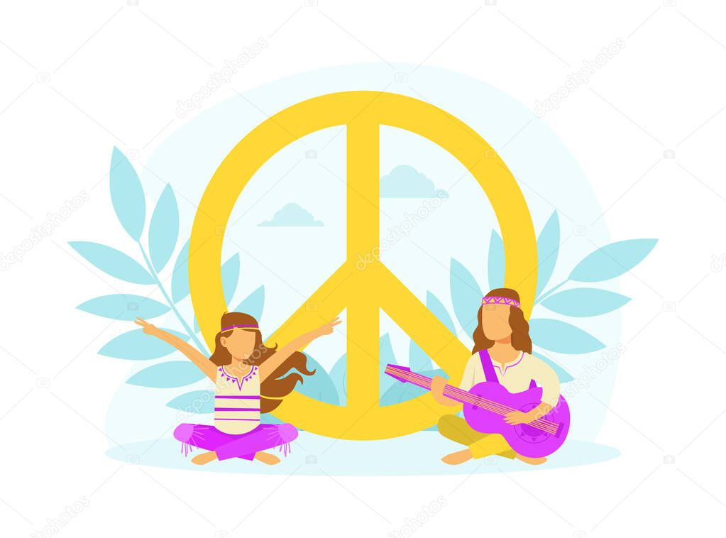 Hippie Characters Sitting in Meditation Pose at Peace Symbol, Happy People Wearing Retro Clothes of the 60s and 70s Playing Guitar Vector Illustration