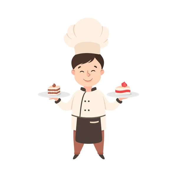 Chef lindo Chef Placa de retención con postres dulces, Niño en uniforme de chef Cocina en cocina Estilo de dibujos animados Vector Ilustración — Archivo Imágenes Vectoriales