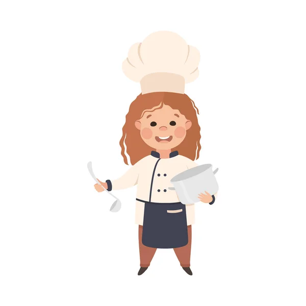 Cute Girl Chef Cook Holding Pan and Ladle, Kid in Chef Uniform Cooking in Kitchen Cartoon Style Vector Illustration — Vector de stock