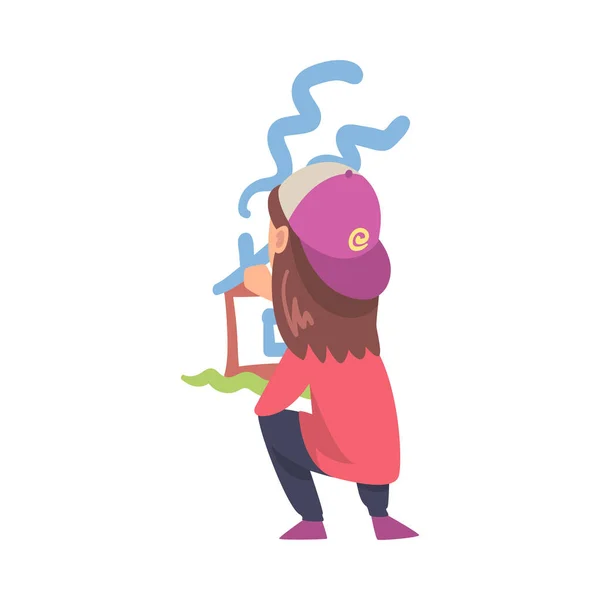Roztomilé dívka kreslení dům na zdi, Kid kreslení s barevnými křídovými tužkami a pastelky, Back View Cartoon Style Vector Illustration — Stockový vektor