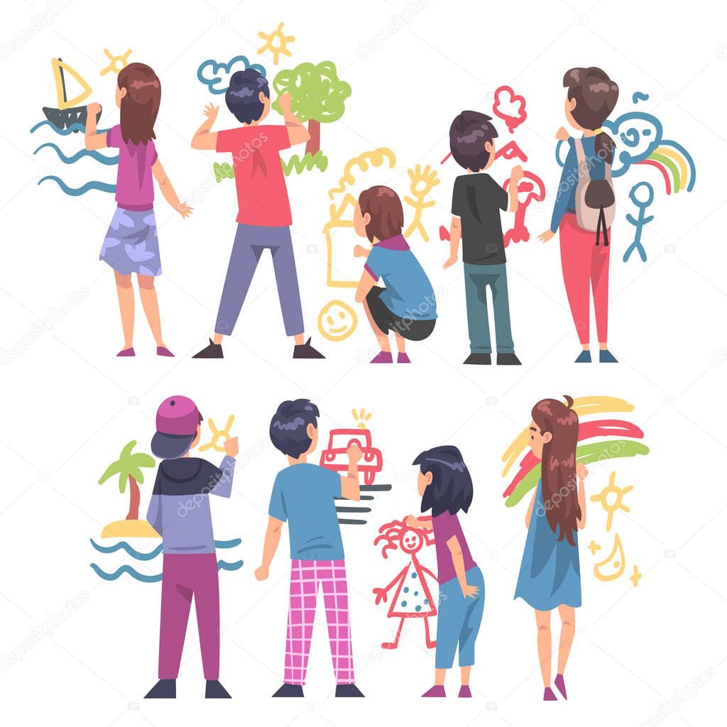 Children Drawing Pictures Scribbles on Walls, Kids Drawing with Colorful Chalk Pencils and Crayons, Back View Cartoon Style Vector Illustration