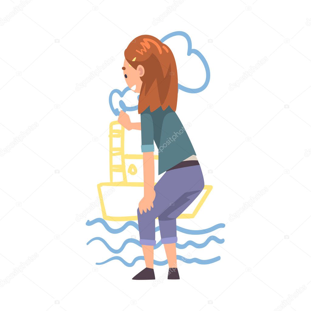 Cute Girl Drawing Steamboat on Wall, Kid Drawing with Colorful Chalk Pencils and Crayons, Back View Cartoon Style Vector Illustration