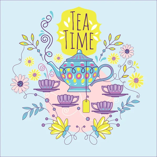 Illustration Words Time Tea Teapot — Stock Vector