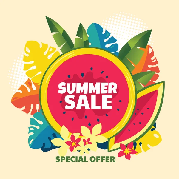 Abstrakte Sommerschlussverkauf Hintergrund Mit Wassermelone Und Tropischem Blatt — Stockvektor