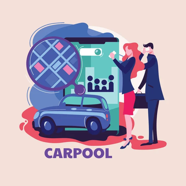 Skupina Osob Společném Cestování Carpooling Registračním Karpool Mobile Aplikace — Stockový vektor