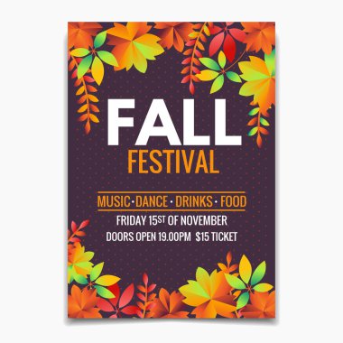 Güz Festivali el ilanı veya poster şablonu. Koyu arka planda parlak sonbahar yaprakları