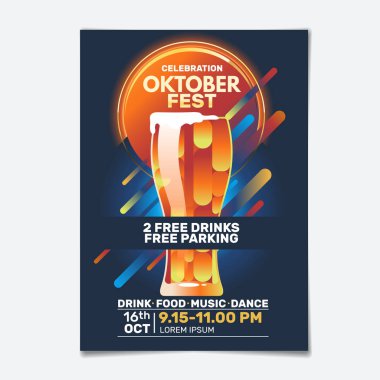 Oktoberfest Bira Partisi Poster Şablonu. Arka Planda Neon parıltısı. Oktoberfest Almanya'da bira festivali anlamına gelir. Vektör çizimi
