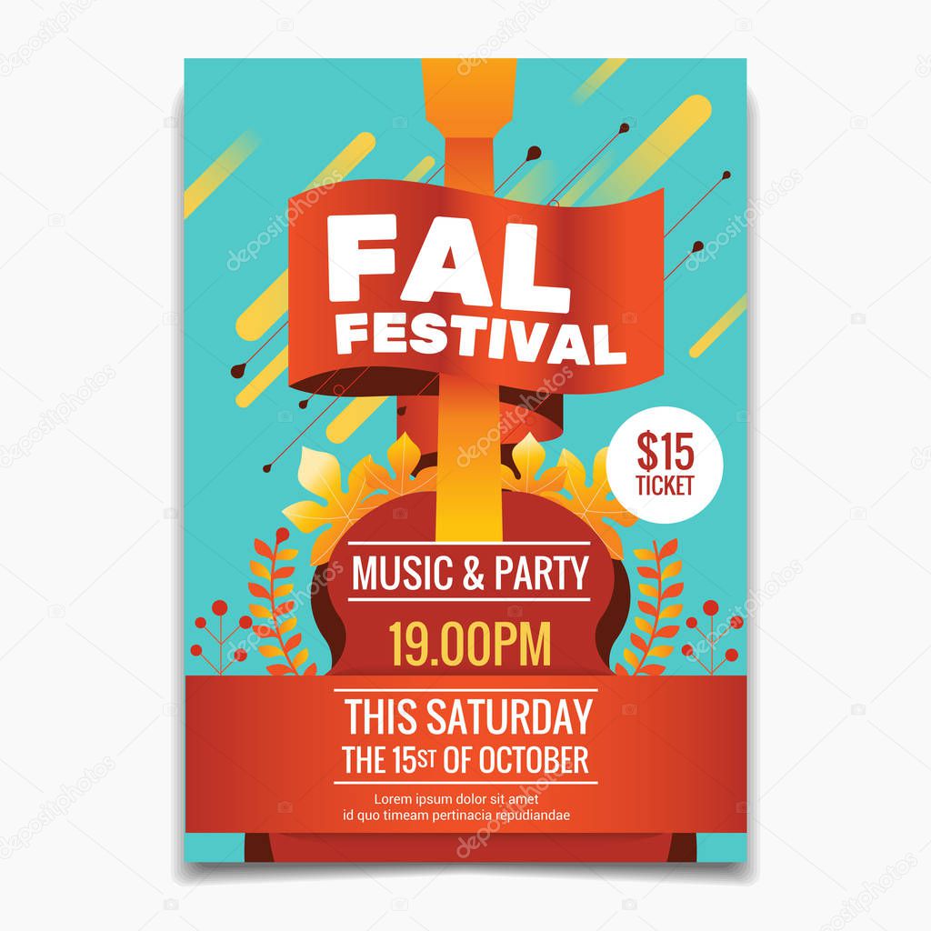 Fall Festival flyer or poster template. Autumn Maple leaves and guitar background