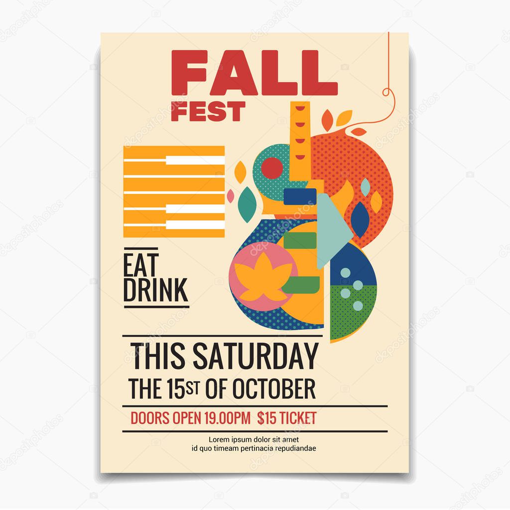 Fall Festival flyer or poster template. Autumn Maple leaves and guitar background