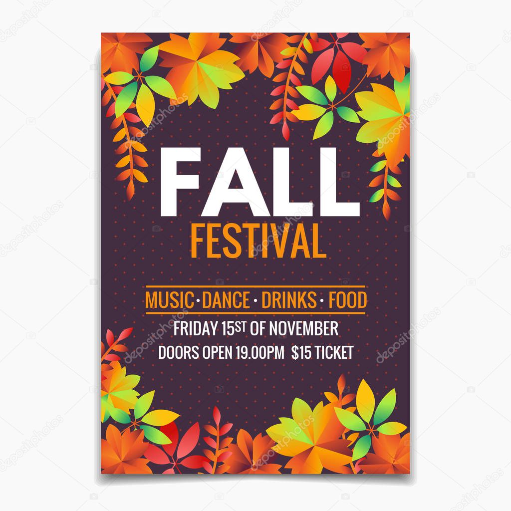 Fall Festival flyer or poster template. Bright autumn leaves on dark background