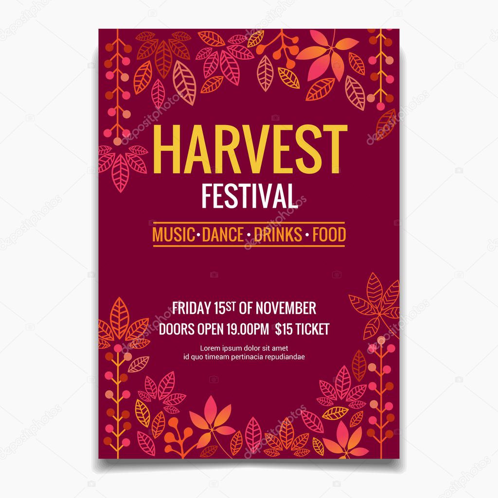 Harvest Festival flyer or poster template. Autumn leaves Design for Invitation or Autumn Holiday Celebration Poster