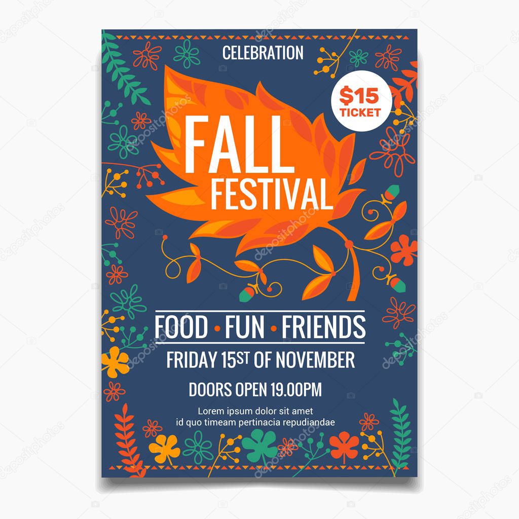 Fall Festival flyer or poster template. creative colorful maple leaves elements with floral