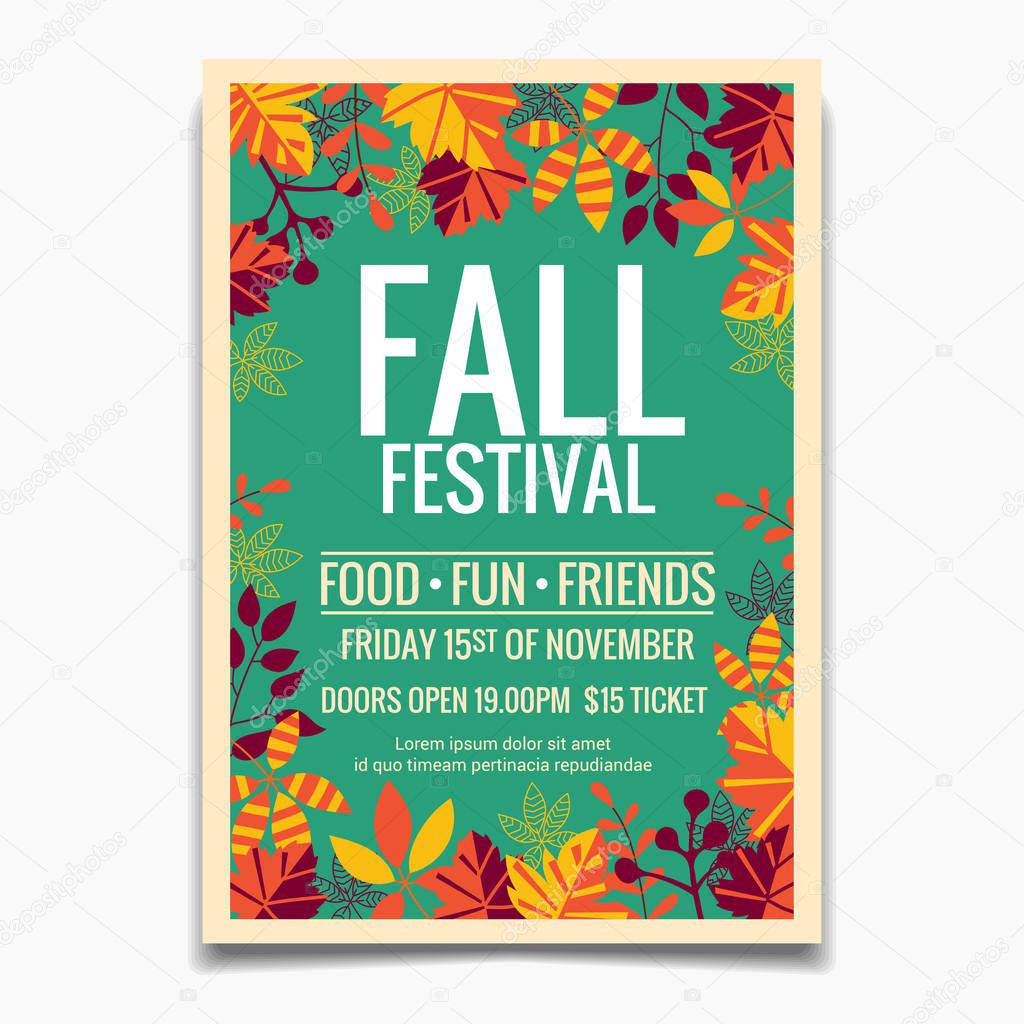 Fall Festival flyer or poster template. Design for Invitation or Autumn Season Holiday Celebration Poster
