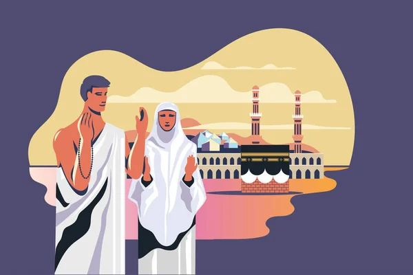 Hajj Mabrour Fundo Com Kaaba Homem Mulher Hajj Personagem Orando —  Vetores de Stock