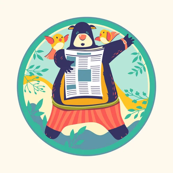 Personagens Animais Leitura Jornal Vector Ilustração Bear Bookworm —  Vetores de Stock