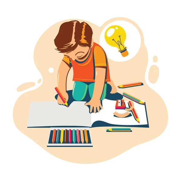 Retour École Dessin Enfant Avec Crayons Couleur — Image vectorielle