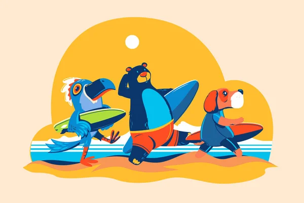 Время Серфинга Медведь Птица Рио Собака Занимаются Серфингом Пляже — стоковый вектор