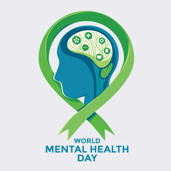 世界精神保健デーのコンセプトベクトルイラスト 緑のリボンを持つ人間の脳 — ストックベクタ