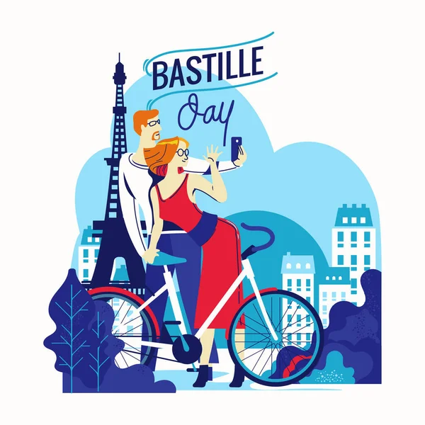 Illustration Happy Bastille Day Flyer Greeting Card French National Day — Stock Vector