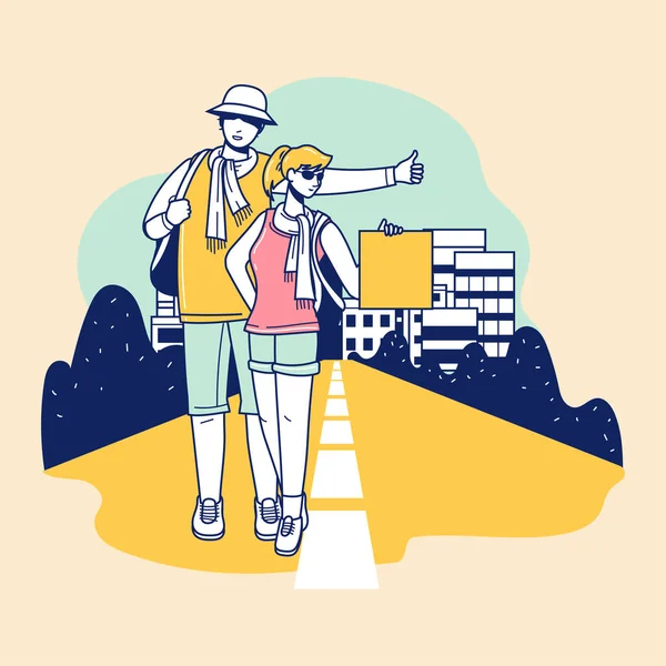 Jeune Touriste Avec Sac Dos Marchant Dans Rue Rejoindre Belle — Image vectorielle
