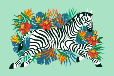 Egzotik tropik çiçekli vahşi zebra. Moda tasarımı için uygun