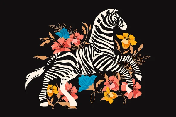 Wildes Zebra Mit Exotischem Tropischen Blumenhintergrund Geeignet Für Mode Druck — Stockvektor