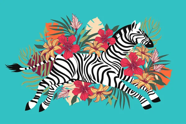 Zebra Selvagem Com Fundo Flor Tropical Exótica Adequado Para Design —  Vetores de Stock