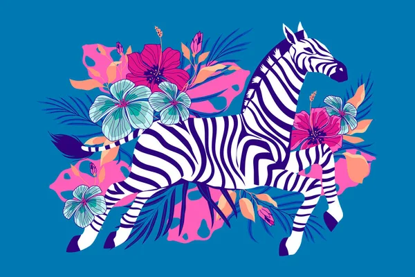 Zebra Selvagem Com Fundo Flor Tropical Exótica Adequado Para Design —  Vetores de Stock