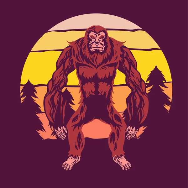 Vandring Bigfoot Eller Sasquatch Vektor Illustration Med Solnedgång Bakgrund — Stock vektor