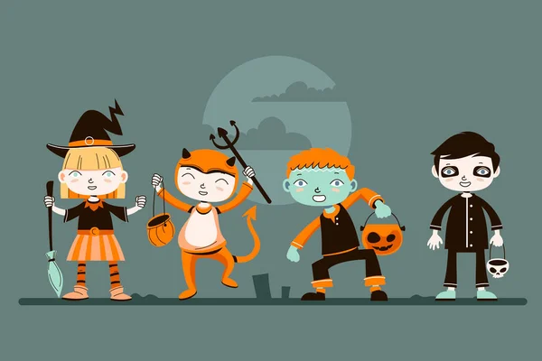 Set Von Niedlichen Halloween Kid Charakter Mit Kostüm Vector Illustration — Stockvektor