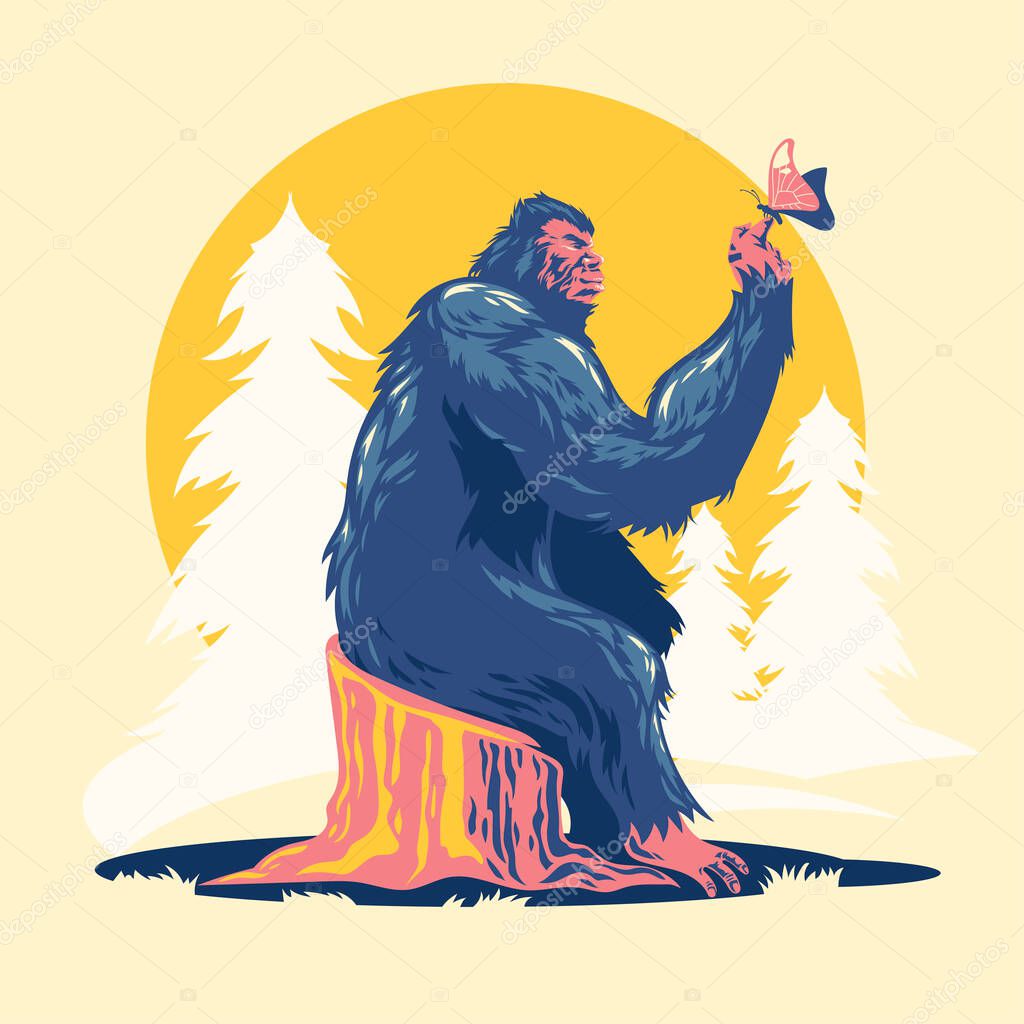 Sit Bigfoot or Sasquatch Play with Butterfly vector illustration