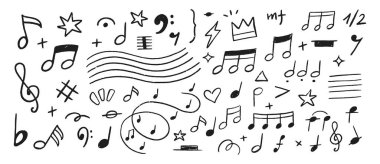 Müzik notaları karalama vektör çizim seti. Freehand melodi sembolü elementlerini çiz.