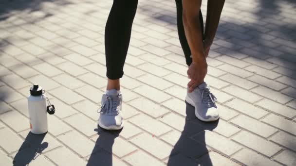 Mujer fitness estirando sus músculos antes del entrenamiento, lista para trotar en el parque de verano. Estilo de vida saludable y concepto deportivo — Vídeos de Stock