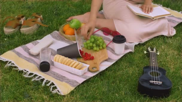 Ovanifrån av picknick med frukt och ukulele — Stockvideo