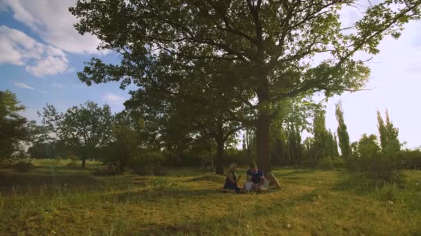 Szczęśliwa rodzina o piknik pod drzewem — Wideo stockowe