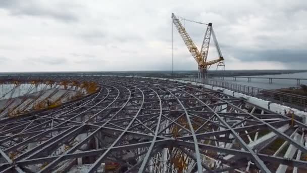 Aerial shot of roof of a football stadium construction — Stock Video
