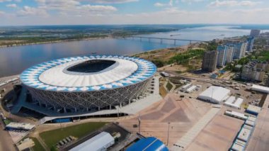 Kamera uçan üzerinde Stadyumu ve Volgograd Nehri