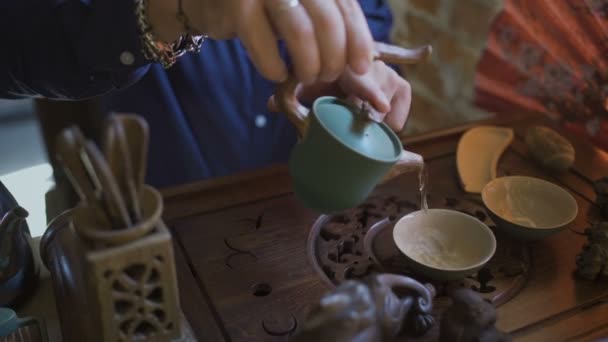 Mann gießt grünen Tee aus Teekanne nach Gaiwan bei traditioneller chinesischer Teezeremonie. — Stockvideo
