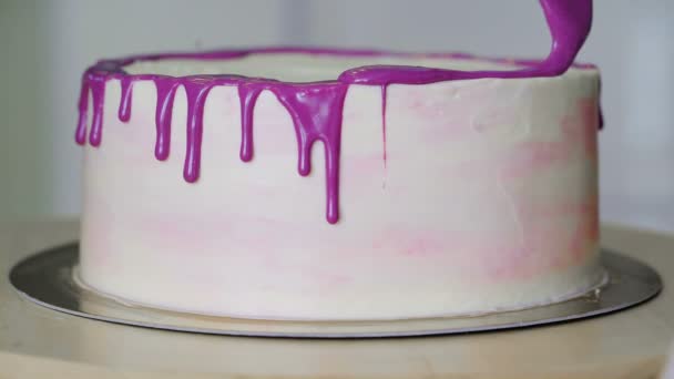 Close-up of woman decorating cake. — Stock Video