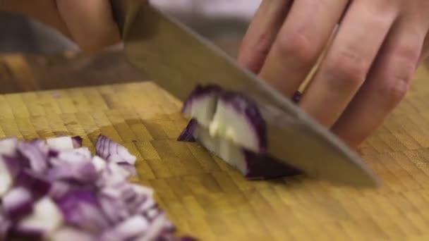 Chef cortando cebola vermelha para salada — Vídeo de Stock