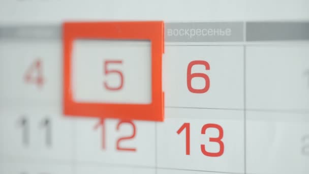 La mano di donne in ufficio cambia la data a calendario di parete. Variazioni da 5 a 6 — Video Stock