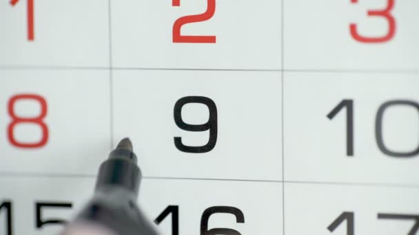 Kvinna hand cirkel dag på papper kalender. 9:e dagen i månaden — Stockvideo